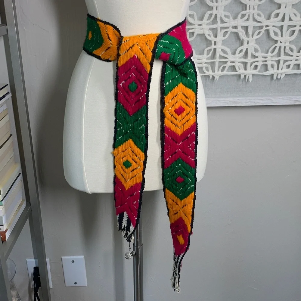 Woven yarn sash belt yellow pink green and black